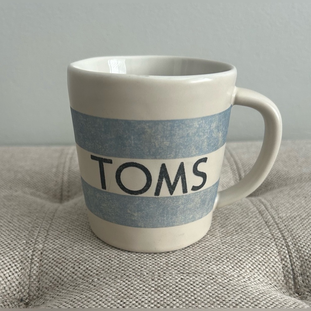 Toms Shoes Ad Coffee Mug Cup 'Simple Is Beautiful' Blue Striped Stoneware